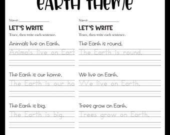 Sentence Writing and Tracing Handwriting Practice Worksheets - Earth Theme