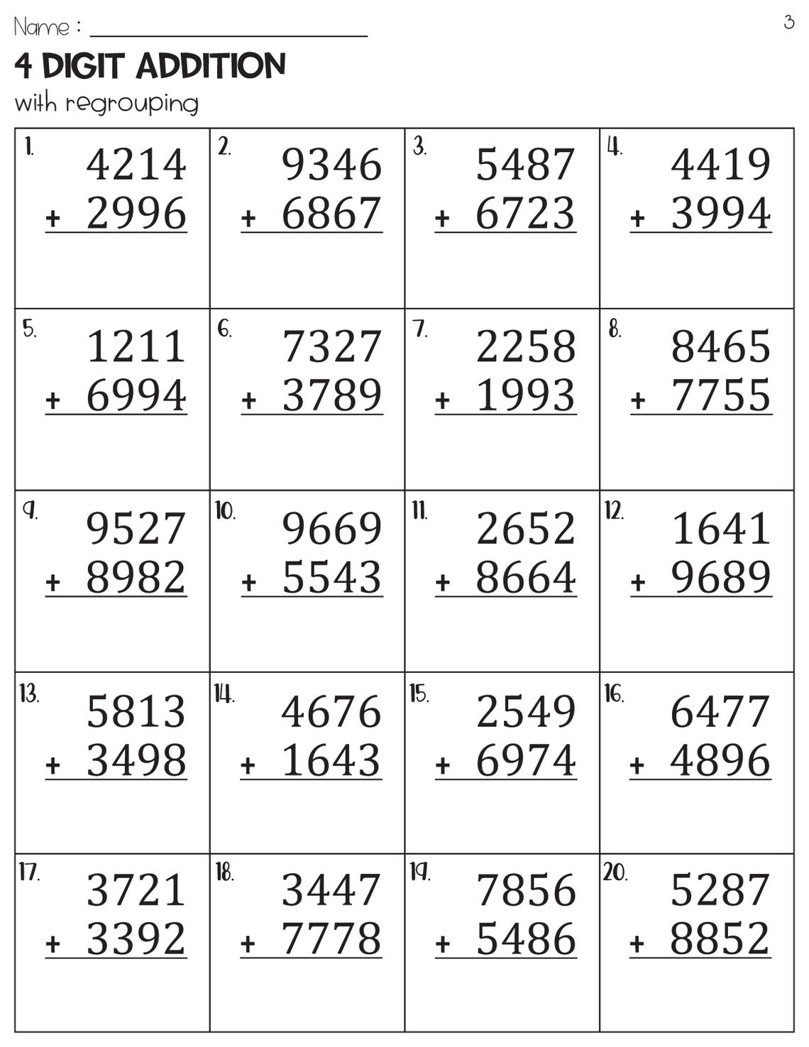 4 Digit Addition With Regrouping Worksheets - Etsy