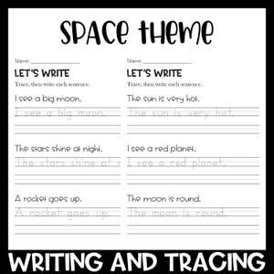Sentence Writing and Tracing Handwriting Practice Worksheets - Space Theme