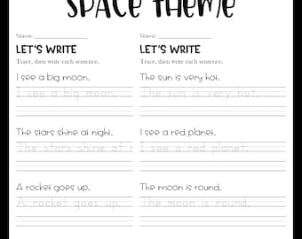 Sentence Writing and Tracing Handwriting Practice Worksheets - Space Theme