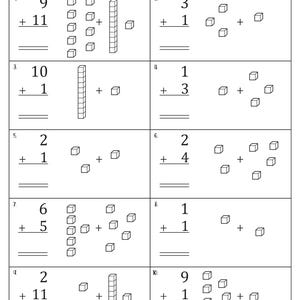 May include: A worksheet with ten addition problems using base ten blocks. Each problem has a number sentence and a visual representation of the problem using base ten blocks. The worksheet is titled "Addition Within 20 - Base Ten Blocks".