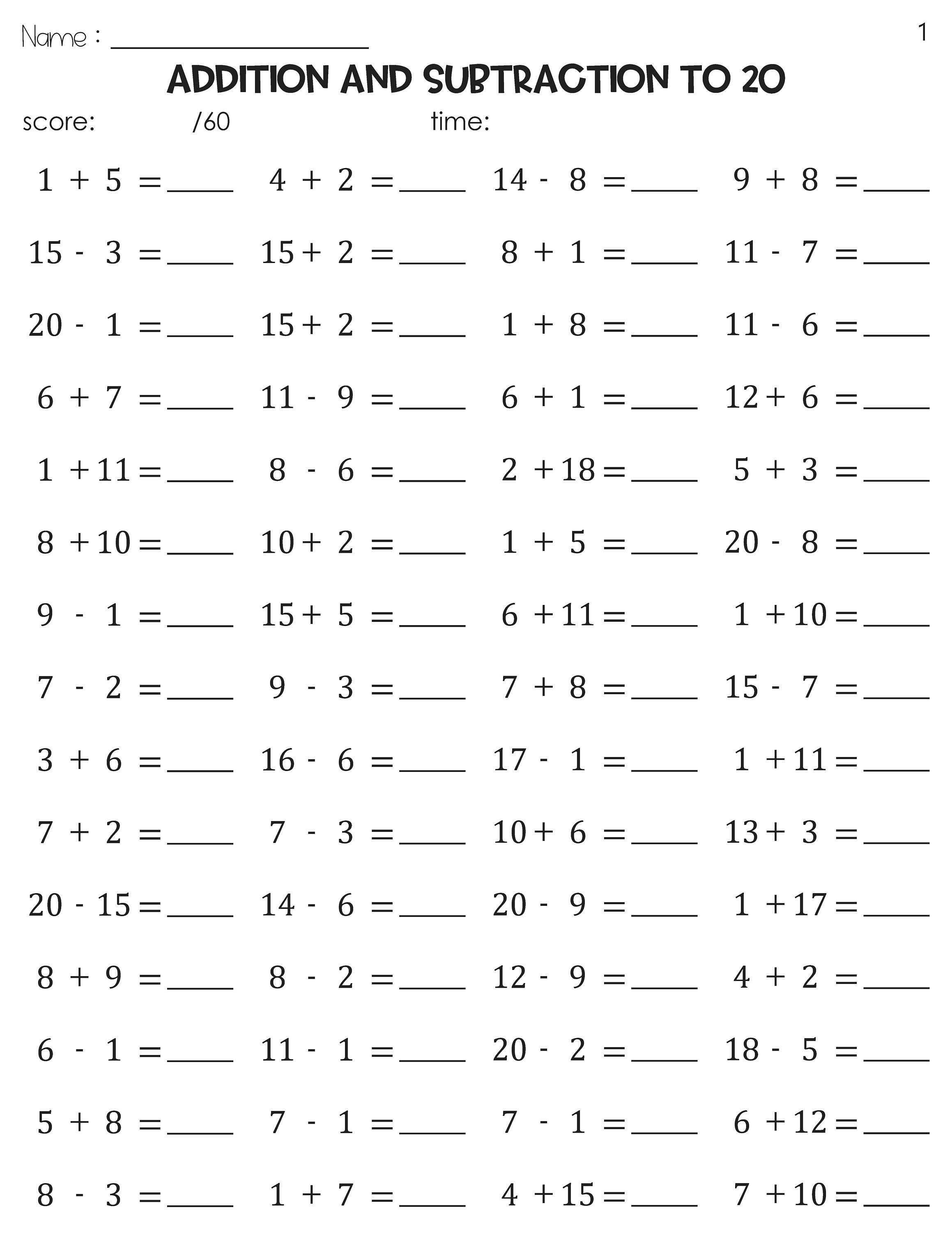 Math Fact Fluency Addition and Subtraction to 20 Timed Tests Practice ...