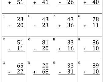 Mixed Addition and Subtraction within 100 without Regrouping Worksheets