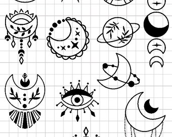 May include: A set of 12 black and white illustrations of celestial and mystical symbols, including moons, stars, planets, eyes, and other abstract shapes.
