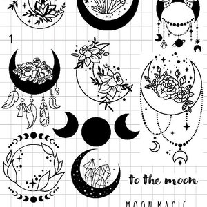 May include: A digital illustration of various moon phases with different designs. The designs include crystals, flowers, and a lotus flower. The text "to the moon" and "MOON MAGIC" are also included in the image.