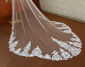 bridal retro lace veil,wedding veil,long veil,cathedral length veil,scolloped shape veil,veil with lace trim,single layer veil,blusher veil