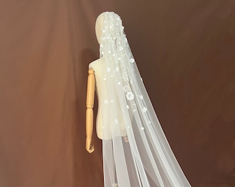 floral veil,wedding veil,bridal veil,long veil,single layer veil,cathedral length veil,3d-flowers veil,sheer veil,lace veil