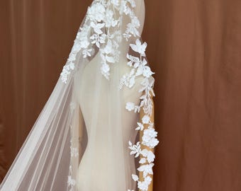 3D flower veil,wedding floral veil,bridal veil,flower lace veil,single tier veil,cathedral veil,lace trim veil,mantilla veil,long veil,
