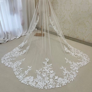 bridal veil,wedding veil,scolloped edge veil,cathedral length veil,floral veil,flower lace veil,sheer veil,long veil,bespoke bridal veil