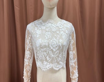 bridal crop top,chantilly lace top,removable lace top,bridal tulle jacket,French lace top,detachable bridal sleeves,bridal jacket,
