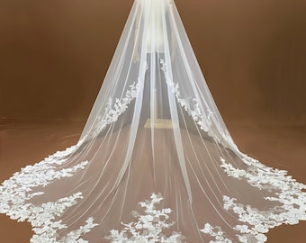bridal veil, wedding flroal veil, scolloped shape veil, single layer veil, veil with flowers,lace trim veil,cathedral length veil,long veil