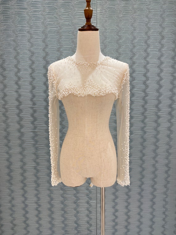 bridal top,bridal sleeves,bridal removable sleeves,detachable sleeves ,tulle sleeves,pearls long sleeves,customized sleeves,