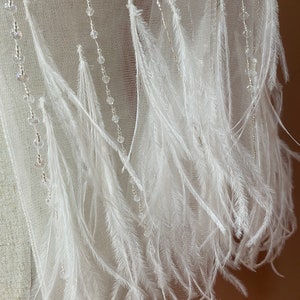 Puede incluir: Primer plano de una tela blanca transparente adornada con delicadas plumas blancas y hebras de cuentas transparentes. Las plumas caen en cascada, creando un efecto suave y texturizado. Las cuentas a&ntilde;aden un toque de brillo al dise&ntilde;o.