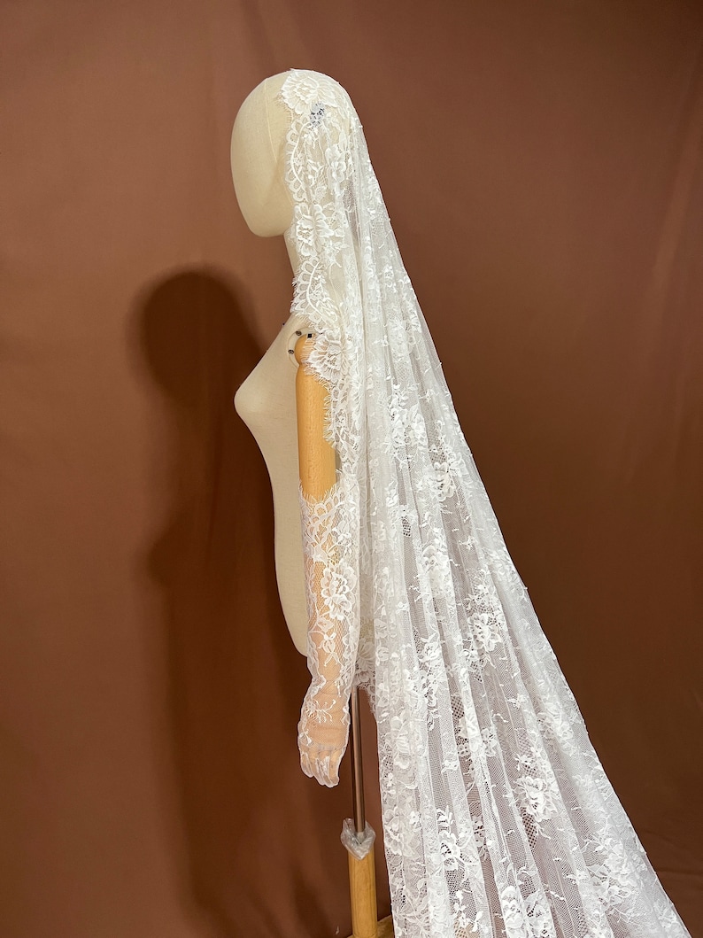 vintage veil,bridal veil,soft lace veil,long veil,cathedral veil,drop veil,one tier veil,bespoke veil,wedding veil,chapel veil,mantilla veil image 5