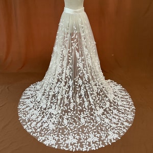 bridal lace overskirt,bridal removable skirt,wedding detachable train,bridal skirt with flower,,3D flower bridal tail, skirt with leaves
