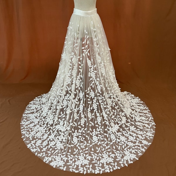 bridal lace overskirt,bridal removable skirt,wedding detachable train,bridal skirt with flower,,3D flower bridal tail, skirt with leaves