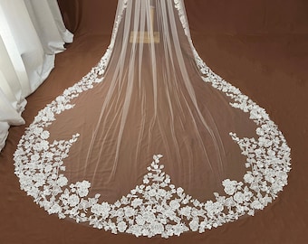 bridal veil,floral veil,wedding veil,long veil,cathedral veil,single layer veil,sheer veil,lace veil,veil with flowers,