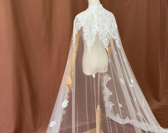bridal cape,wedding cape,bridal cape with lace trim,French lace cape,long cape,cape veil,bridal wrap