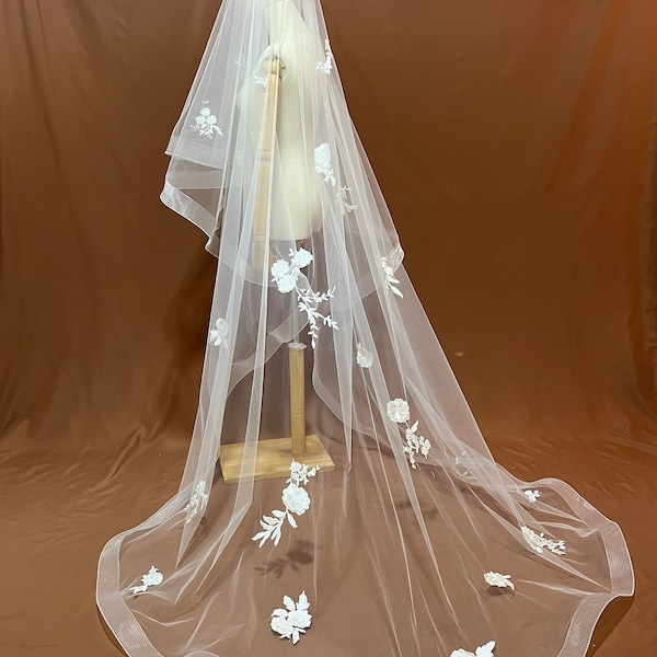 horsehair bridal veil,wedding veil,ribbon edge veil,floor length veil,flower lace veil,blusher veil,veil with ribbon,floral bridal veil