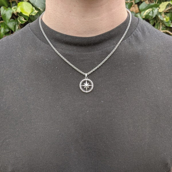 Silver Steel Compass Pendant Chain Necklace - North Star Gift For Him - Gift For Her - Travel Gifts - Christmas Gifts - Mens Pendant - Gifts