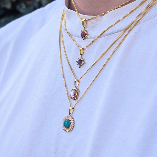 Gemstone Pendant Necklaces - 18K Gold Chain - Unisex Pendants - Gemstone Jewelry - Gift For Her - Gift For Him - Dainty Gold Chain