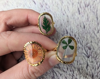 Gold Real Flower Rings - Adjustable Clover Ring - 18K Gold Mens Ring - Real Sunflower Ring - Womens Ring - Unisex Jewelry - Gift For Him/Her