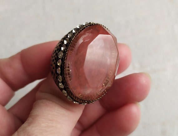 Huge Pink Ring | Large pink cabochon bronze tone