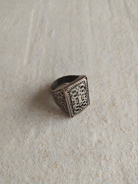Silver tone Rectangle Ring | Carved ornament Ring