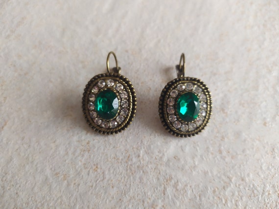 Emerald Green tone Rhinestone Earrings | Bronze to