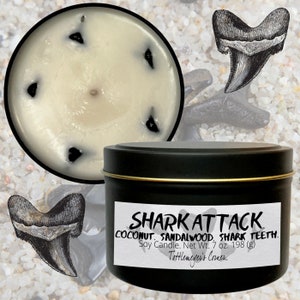 SHARK ATTACK™ Hand Poured Soy Candle with Embedded Shark Teeth | Shark Gift | Shark Lover | Shark Decor | Shark Themed | Shark Tooth