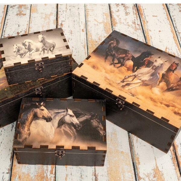 War Horses Designed Wooden Storage Box set of 4, Engraved Gift Box, Wedding Dowry Chest, Jewellery or Photo Box, Clasp and Buckle Box