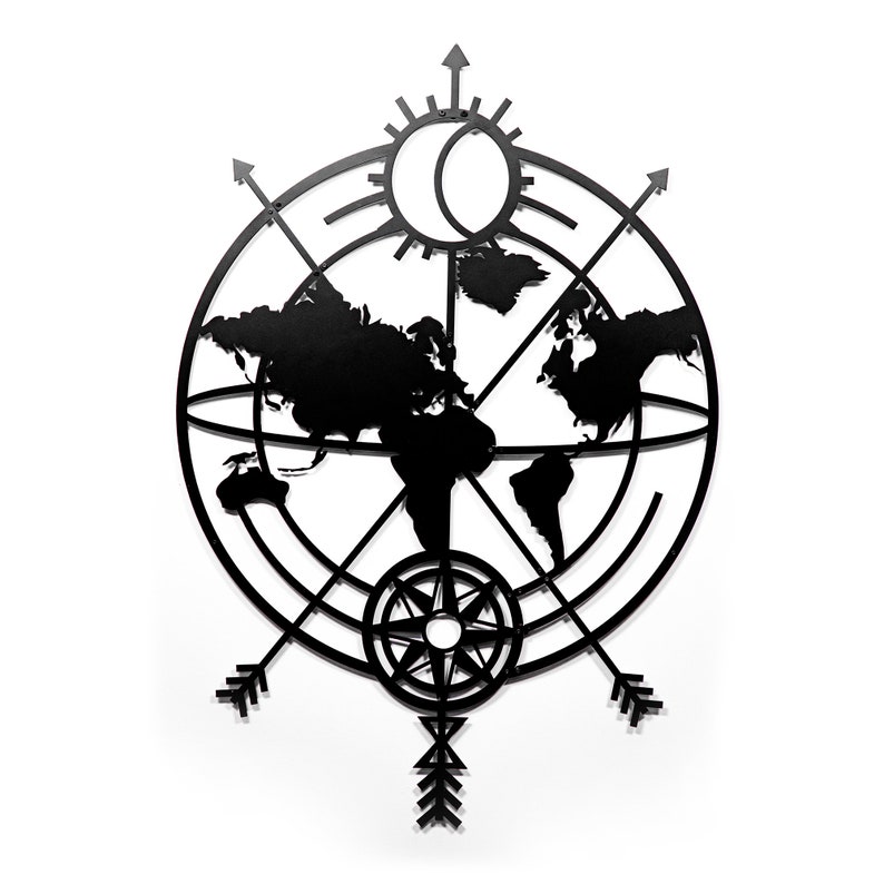 Metal World Map With Compass Modern Office and Business Wal Etsy