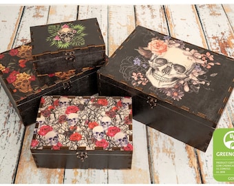 Skull Patterned Wooden Box Set of 4, Memory Box with Floral Designed, Jewelery or Photo Box, Keepsake Special Item Box, Wedding Memory Chest