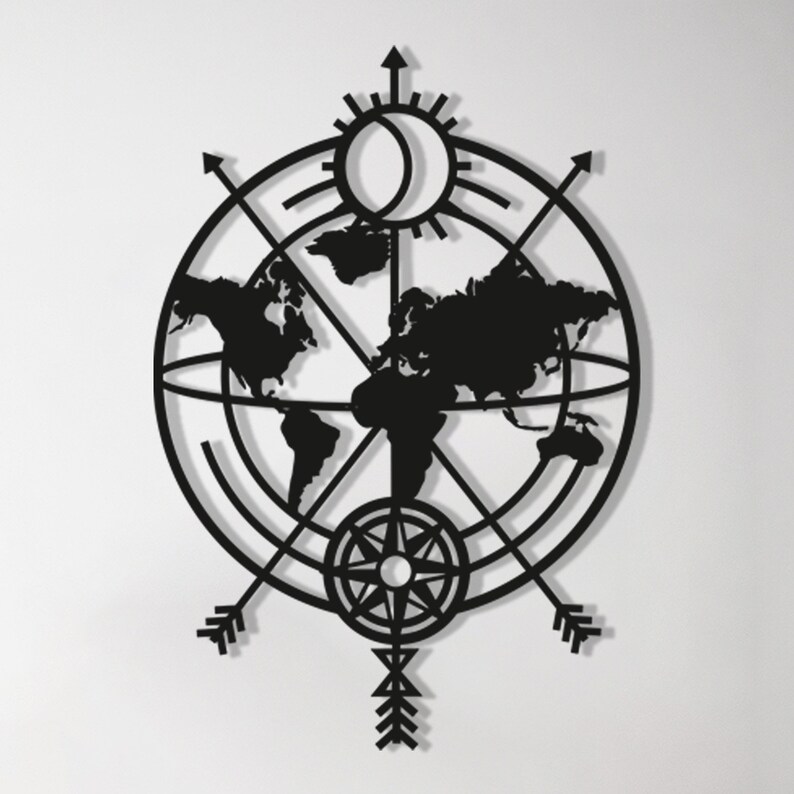 Metal World Map With Compass Modern Office and Business Wal Etsy
