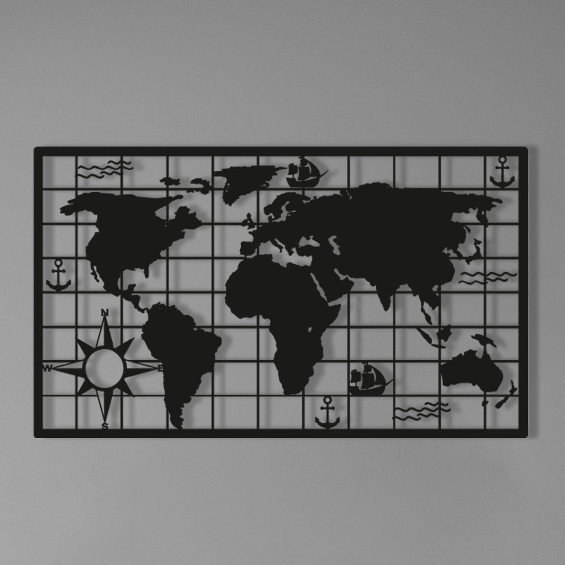Metal World Map With Compass Symbol Wall Decoration Travel Etsy