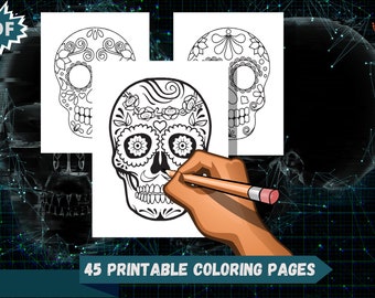 45 Sugar Skull Day of the Dead Kleurplaten Originele Kunst Kleurboek voor volwassenen: Kleurtherapie, Kleurplaten voor volwassenen, Afdrukbaar
