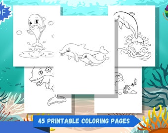 Dolfijn Kleurplaten -45 Afdrukbare Dolfijn Kleurplaten voor meisjes, tieners, kinderen, Zee Verjaardagsfeestje Activiteit, Kinderverjaardagsfeestje