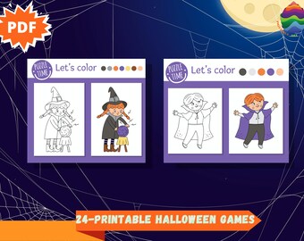 24- Afdrukbare Halloween-spellen + 40 bonuskleurpagina's voor kinderen en kleuters, Instant PDF