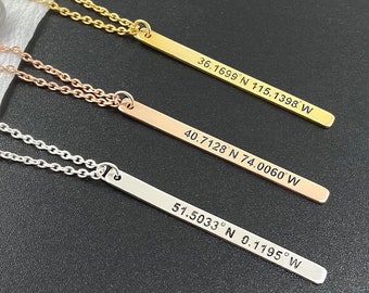 Collar de barra de coordenadas de plata de ley: GPS personalizado, latitud y longitud