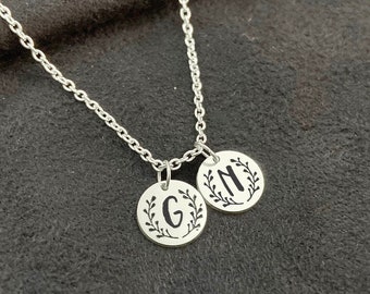 Sterling Silver Initial Disc Necklace: Personalized Wildflower Pendant