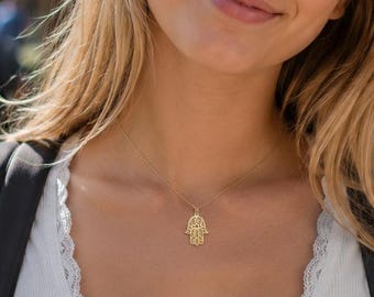 Gold Hamsa Necklace: Sterling Silver Hand of Fatima, Evil Eye Protection