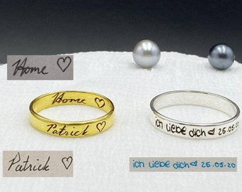 Anillo de banda de escritura a mano real • Anillo de escritura a mano conmemorativo • Anillo de mensaje secreto de plata • Anillo conmemorativo • Regalo del Día de la Madre • Banda de bodas