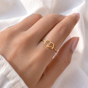 Könnte beinhalten: Ein goldfarbener Ring mit einem filigranen, durchbrochenen Design in Form eines aufgeschlagenen Buches. Die Ringschiene ist dünn und kreisförmig, wobei das Buchmotiv oben zentriert ist. Das Metall hat eine glatte, polierte Oberfläche.