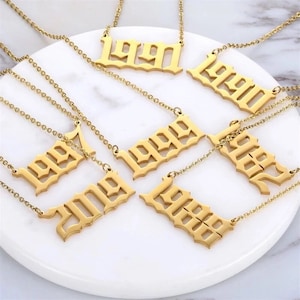Custom Birth Year Necklace, Gold  Lucky Number necklace , Old English Font Number Necklace, Personalized Date Necklace, Custom Gothic