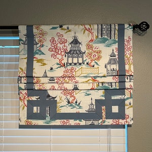 Faux Roman Shade Valance - Covington Shoji Slub Duck Summer W/ Greek Key Ribbon (Ribbon Color: Denim) and Custom Sizing