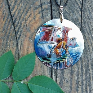 Russian jewelry: Gorgeous Red Dragon painted on pearl pendant. Traditional Fedoskino school design. Outstanding magic gift for fantasy lover