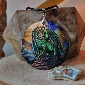 Pearl pendant necklace: Emerald green Dragon painted on lacquer shell pendant. Unique handmade jewelry. Outstanding fantasy medalion for her