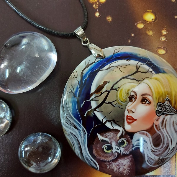 Russian jewelry: Fairy with an owl at night on mother of pearl pendant. Fedoskino art gift for outstanding girl. Stylish lacquer painting