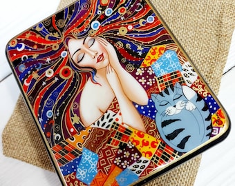 Lakdoos sieraden: zoete dromen. Handschilderen. Gustav Klimt-stijl. Kleurrijke statement-sieradenorganizer. Fel snuisterijdoosje voor dames