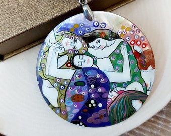 Gustav Klimt, "La Doncella". Colgante de nácar. Collar artístico pintado a mano. Regalo único para amantes del arte. Joyas con pinturas famosas.